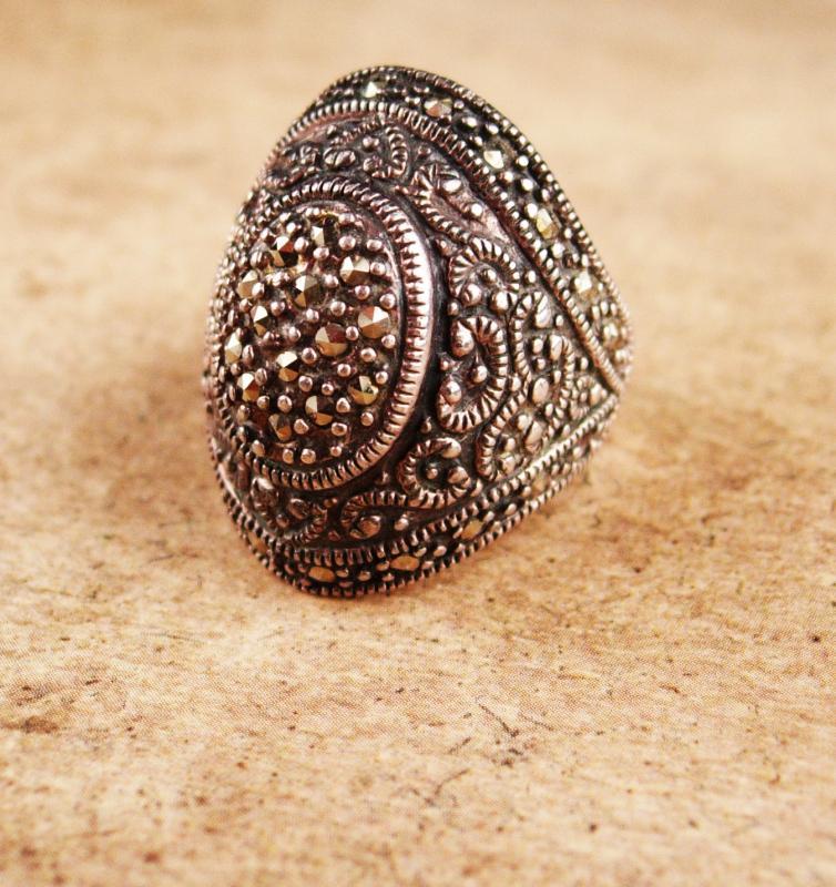 Stunning Renaissance revival Ring / Huge gothic marcasite setting / vintage solid sterling statement ring / spanish victorian / size 5 1/2