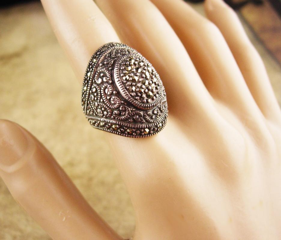 Stunning Renaissance revival Ring / Huge gothic marcasite setting / vintage solid sterling statement ring / spanish victorian / size 5 1/2