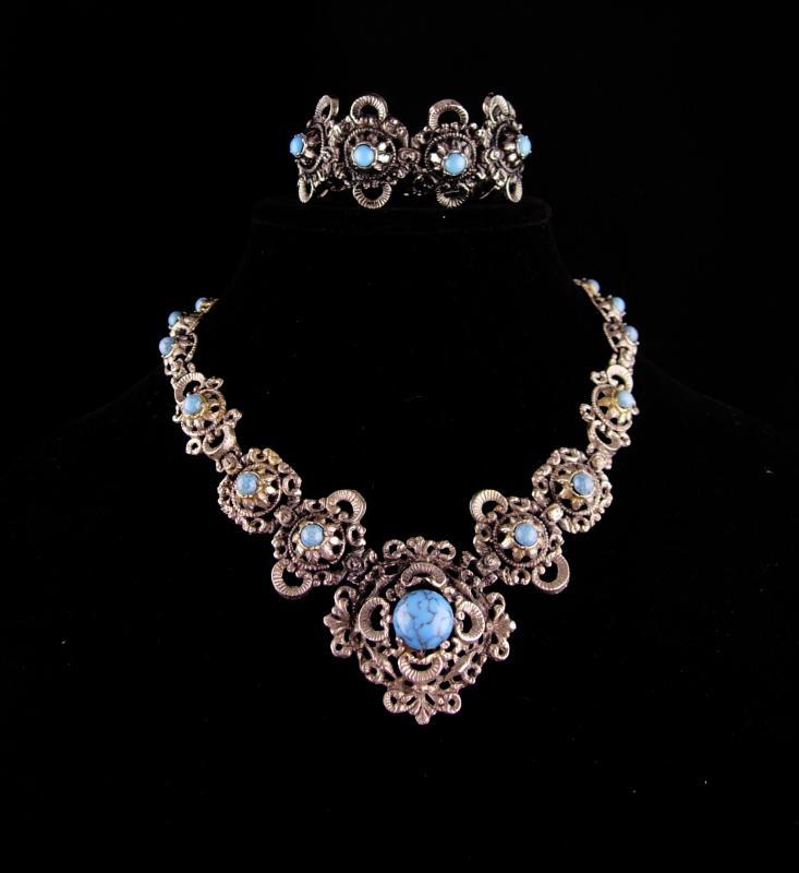 Antique Victorian necklace / Turquoise Bracelet / Vintage fancy metal work / statement jewelry / victorian revival bracelet necklace set