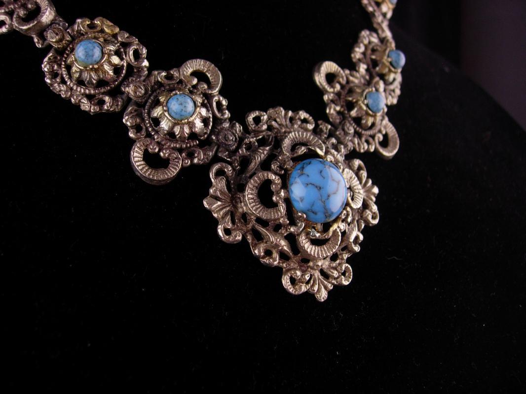 Antique Victorian necklace / Turquoise Bracelet / Vintage fancy metal work / statement jewelry / victorian revival bracelet necklace set