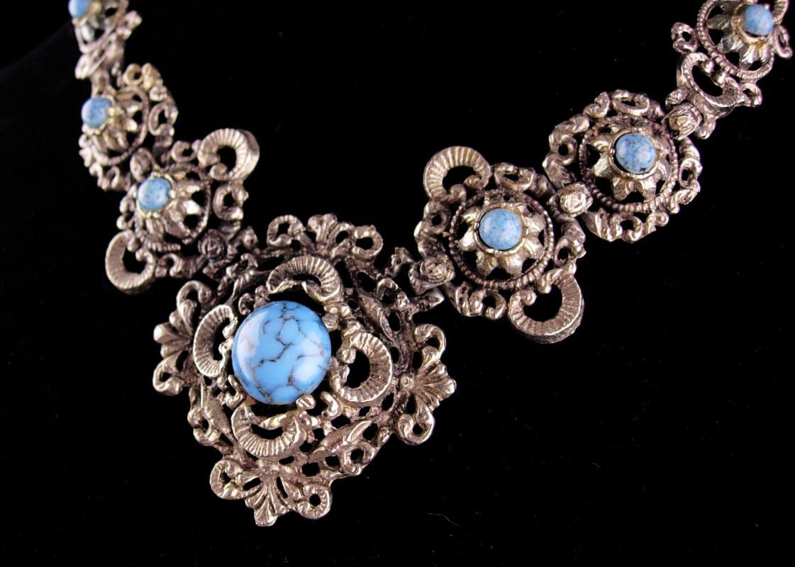 Antique Victorian necklace / Turquoise Bracelet / Vintage fancy metal work / statement jewelry / victorian revival bracelet necklace set