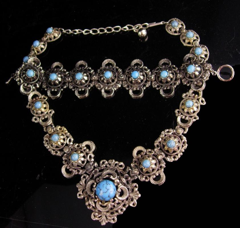 Antique Victorian necklace / Turquoise Bracelet / Vintage fancy metal work / statement jewelry / victorian revival bracelet necklace set