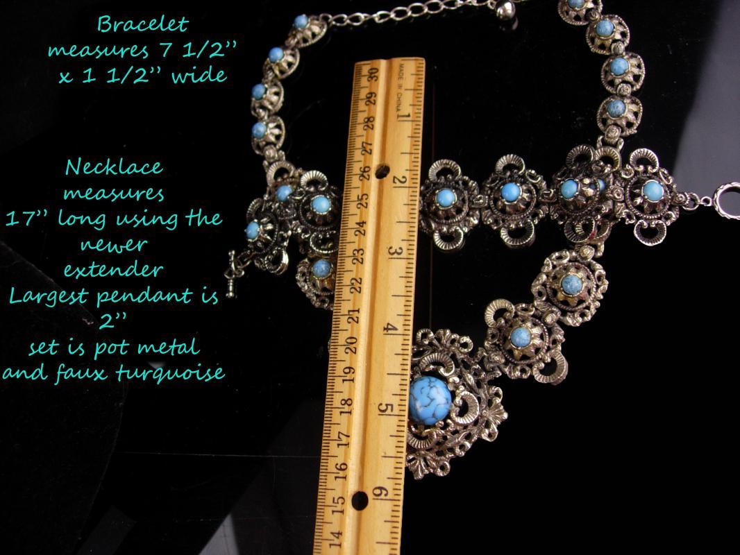 Antique Victorian necklace / Turquoise Bracelet / Vintage fancy metal work / statement jewelry / victorian revival bracelet necklace set