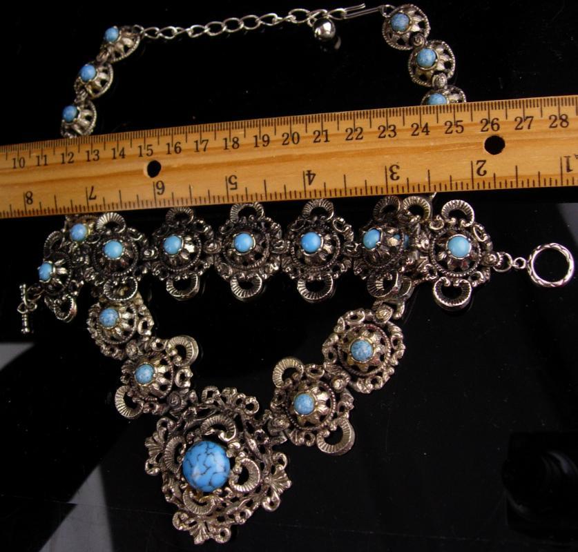 Antique Victorian necklace / Turquoise Bracelet / Vintage fancy metal work / statement jewelry / victorian revival bracelet necklace set
