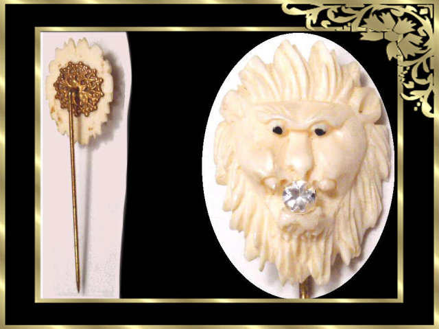 ANtique Victorian carved Ivory genuine gemstone lion head stick pin