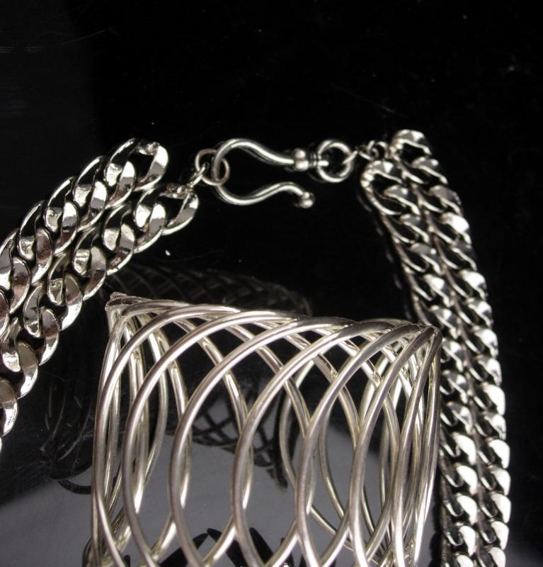 Huge runway necklace - oversize cuff bracelet - Wing earrings - modernist jewelry / vintage parure - silver artist - rhinestone choker