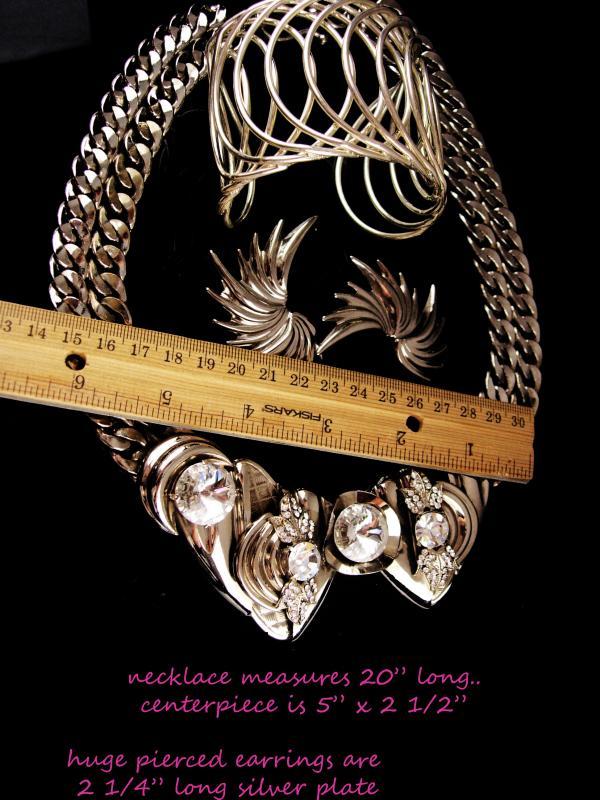 Huge runway necklace - oversize cuff bracelet - Wing earrings - modernist jewelry / vintage parure - silver artist - rhinestone choker