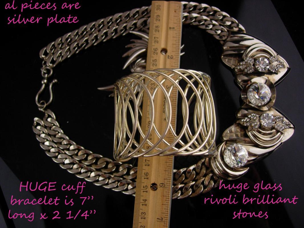 Huge runway necklace - oversize cuff bracelet - Wing earrings - modernist jewelry / vintage parure - silver artist - rhinestone choker