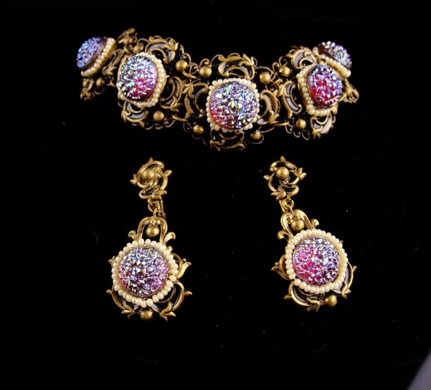 Vintage baroque bracelet - victorian earrings - czech irridescent stones - Signed Queens jewels - demi Parure -purple stones