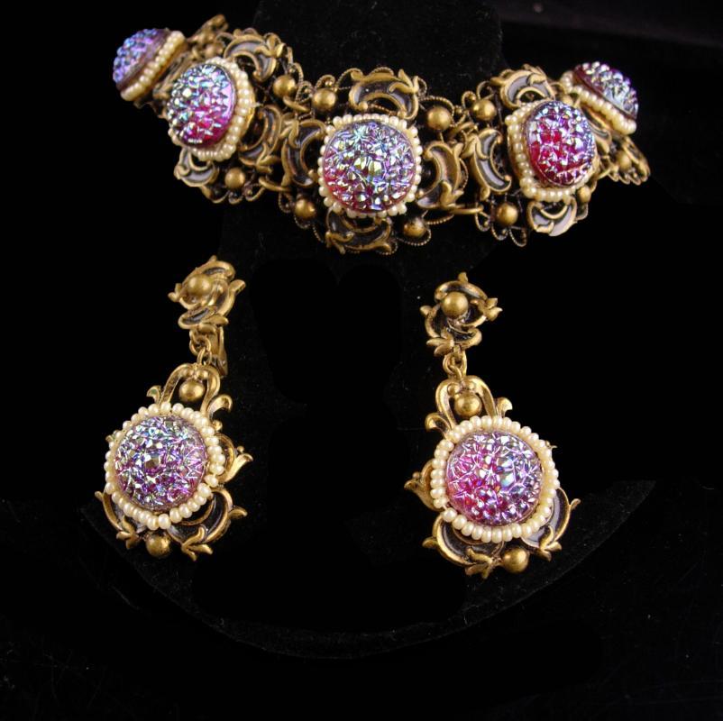 Vintage baroque bracelet - victorian earrings - czech irridescent stones - Signed Queens jewels - demi Parure -purple stones