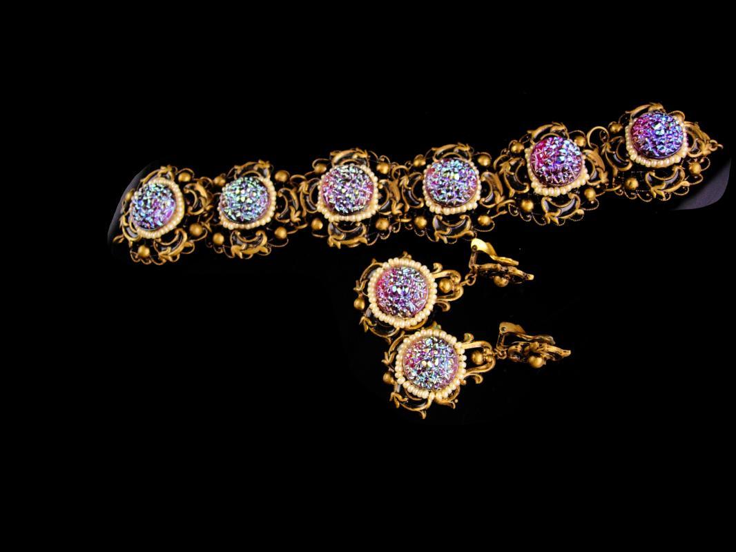 Vintage baroque bracelet - victorian earrings - czech irridescent stones - Signed Queens jewels - demi Parure -purple stones