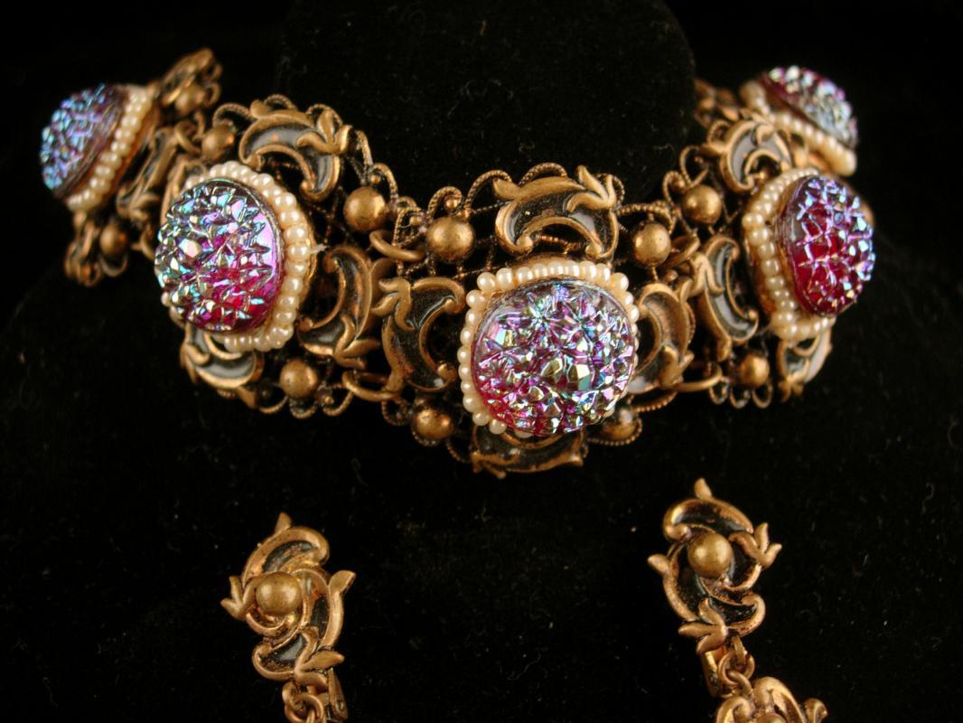 Vintage baroque bracelet - victorian earrings - czech irridescent stones - Signed Queens jewels - demi Parure -purple stones