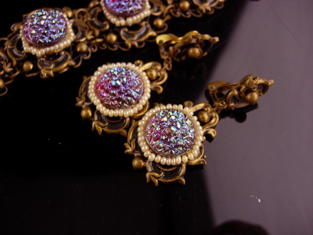 Vintage baroque bracelet - victorian earrings - czech irridescent stones - Signed Queens jewels - demi Parure -purple stones