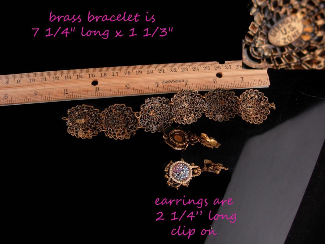 Vintage baroque bracelet - victorian earrings - czech irridescent stones - Signed Queens jewels - demi Parure -purple stones