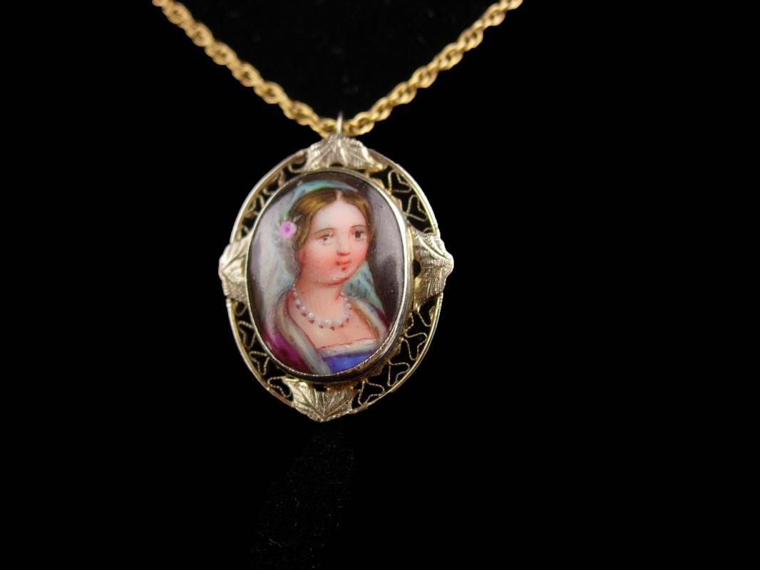Antique 19th century Portrait necklace - 14kt gold pendant - Miniature Framed painting - victorian necklace - handpainted portrait