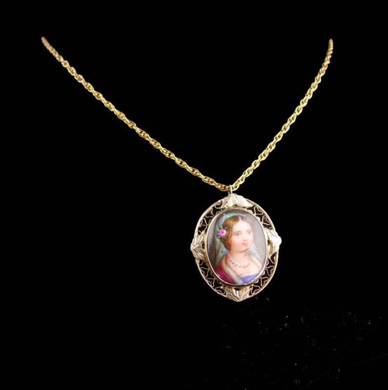 Antique 19th century Portrait necklace - 14kt gold pendant - Miniature Framed painting - victorian necklace - handpainted portrait