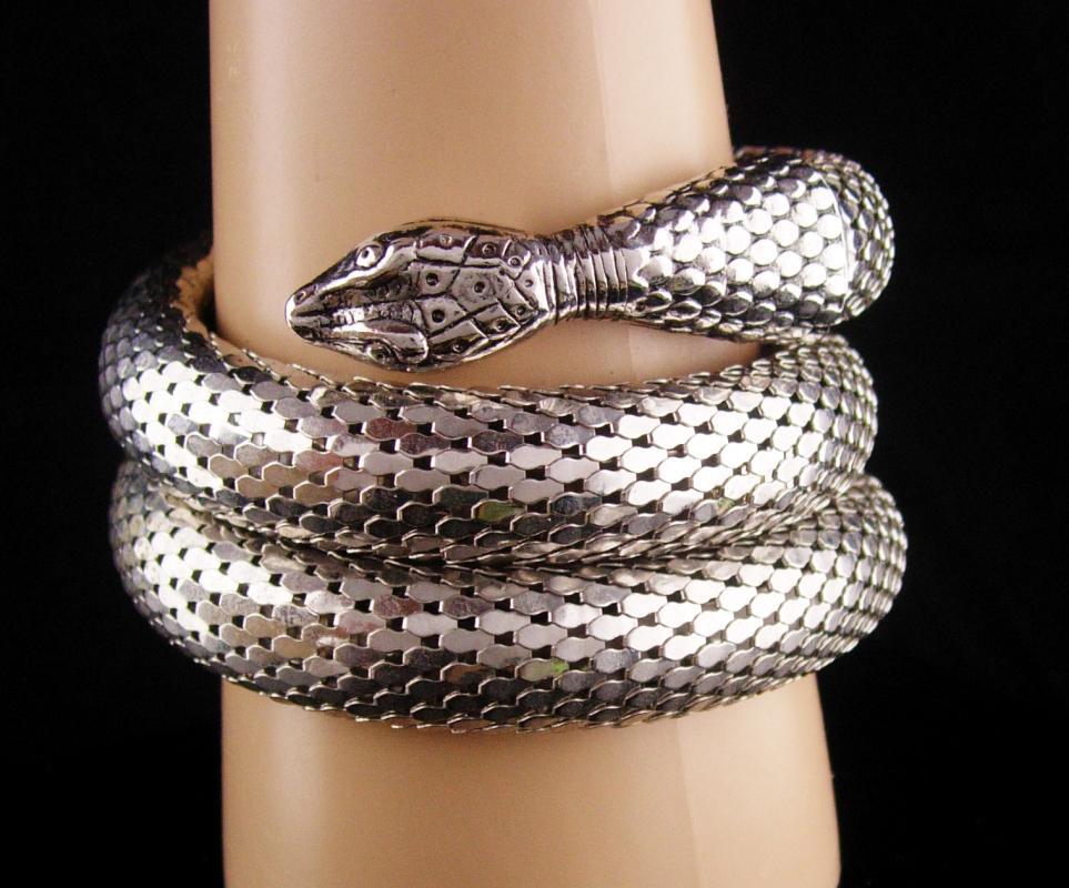 Whiting & Davis Snake Bracelet - Large silver 3 coils - Vintage serpent wrap - Cleopatra's delight - Wide mesh coils - signed jewelry