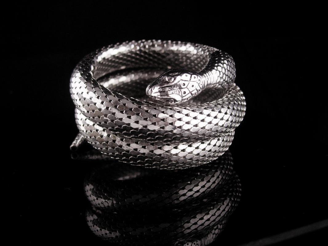 Whiting & Davis Snake Bracelet - Large silver 3 coils - Vintage serpent wrap - Cleopatra's delight - Wide mesh coils - signed jewelry