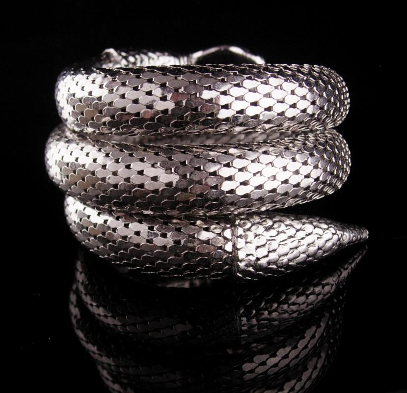 Whiting & Davis Snake Bracelet - Large silver 3 coils - Vintage serpent wrap - Cleopatra's delight - Wide mesh coils - signed jewelry
