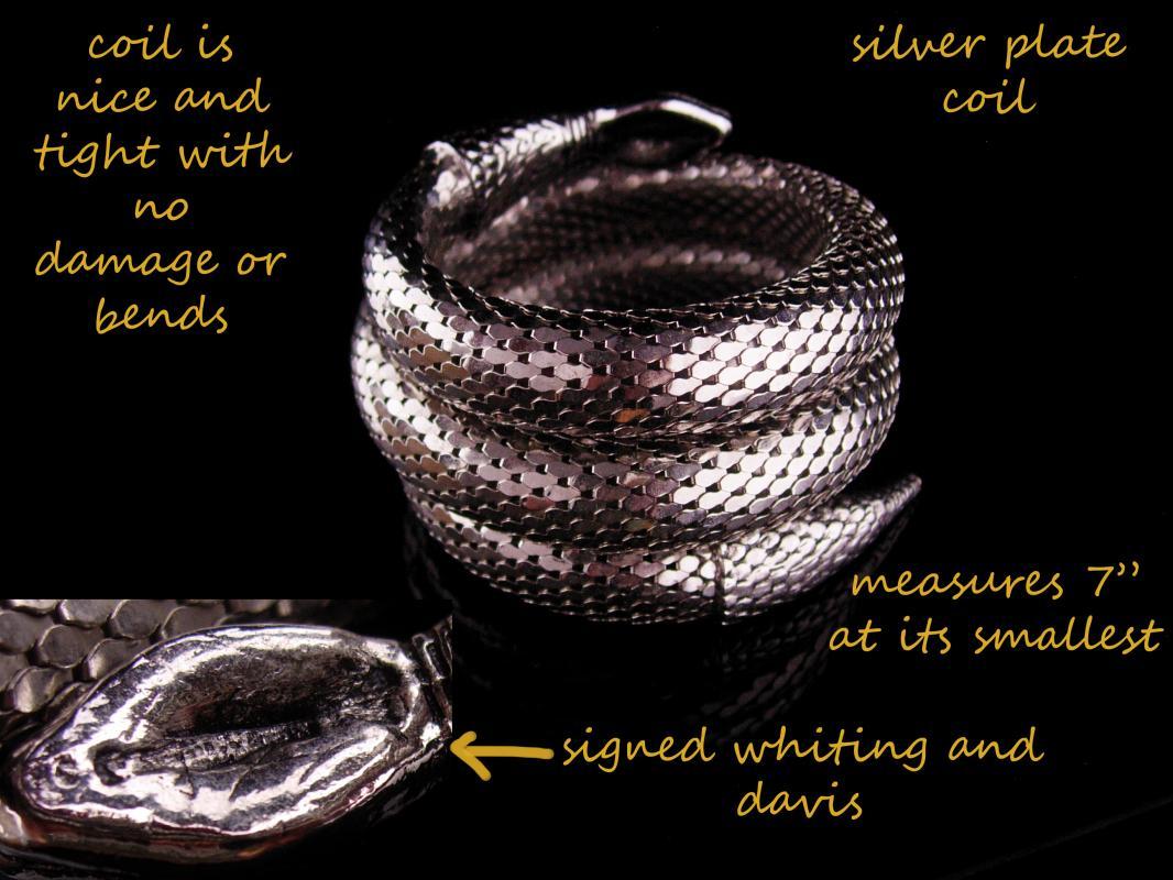 Whiting & Davis Snake Bracelet - Large silver 3 coils - Vintage serpent wrap - Cleopatra's delight - Wide mesh coils - signed jewelry