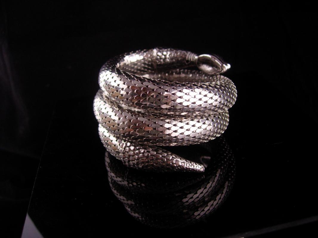 Whiting & Davis Snake Bracelet - Large silver 3 coils - Vintage serpent wrap - Cleopatra's delight - Wide mesh coils - signed jewelry