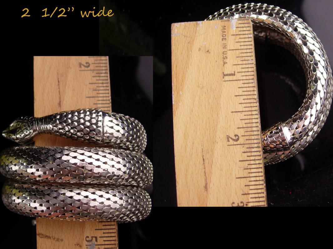 Whiting & Davis Snake Bracelet - Large silver 3 coils - Vintage serpent wrap - Cleopatra's delight - Wide mesh coils - signed jewelry