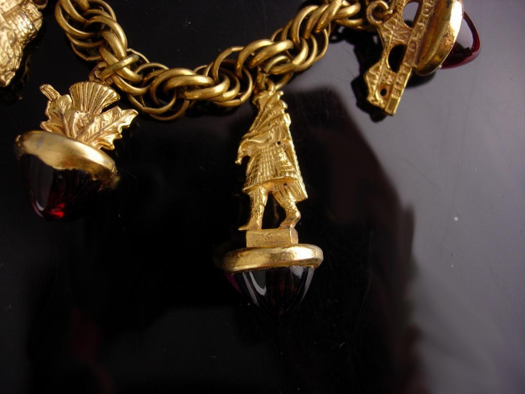 Victorian Fob bracelet - Scottish sweetheart jewelry - vintage Charm Bracelet - Medieval Fob - bagpipes charm - Fleur de lis - kilt charm