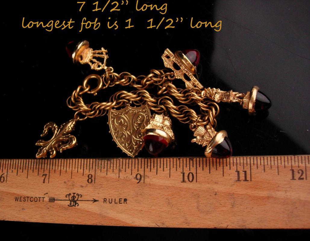 Victorian Fob bracelet - Scottish sweetheart jewelry - vintage Charm Bracelet - Medieval Fob - bagpipes charm - Fleur de lis - kilt charm