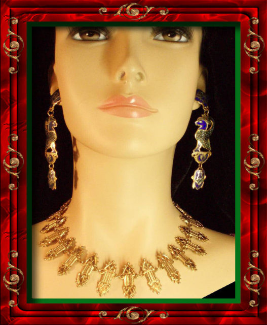 EXOTIC DECO Enamel Scarab earrings necklace