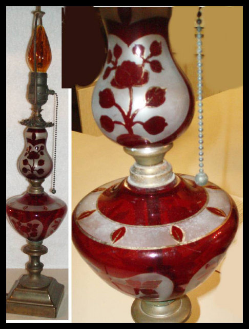 Antique cranberry glass tall pull chain lamp