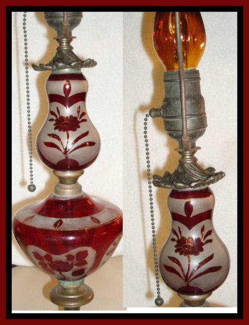 Antique cranberry glass tall pull chain lamp