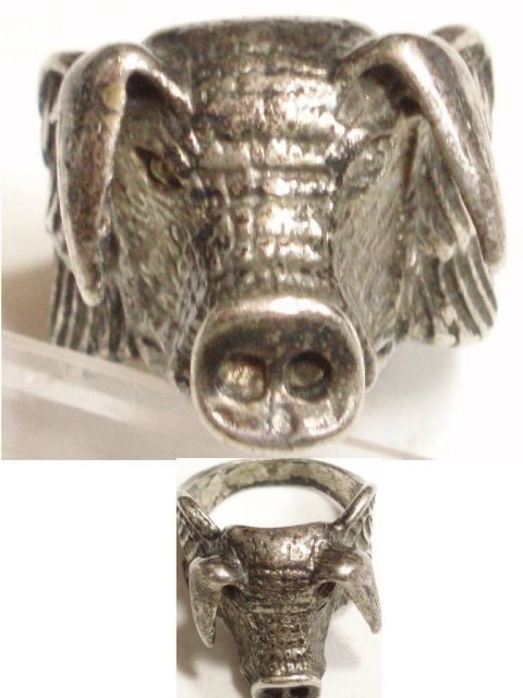14gm STERLING Ring bizarre WILD BOAR PIG figural wings