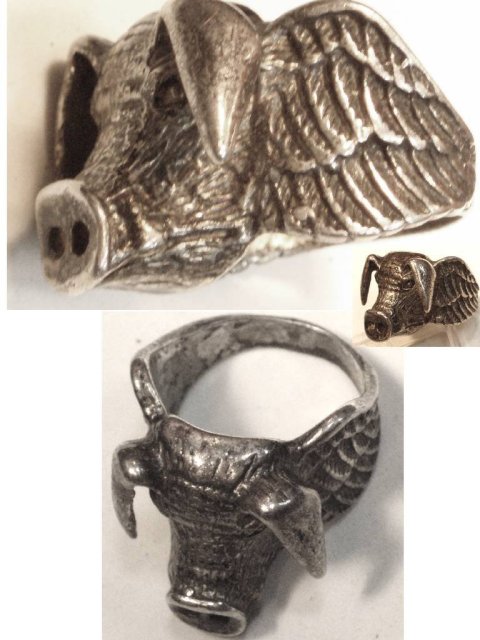 14gm STERLING Ring bizarre WILD BOAR PIG figural wings