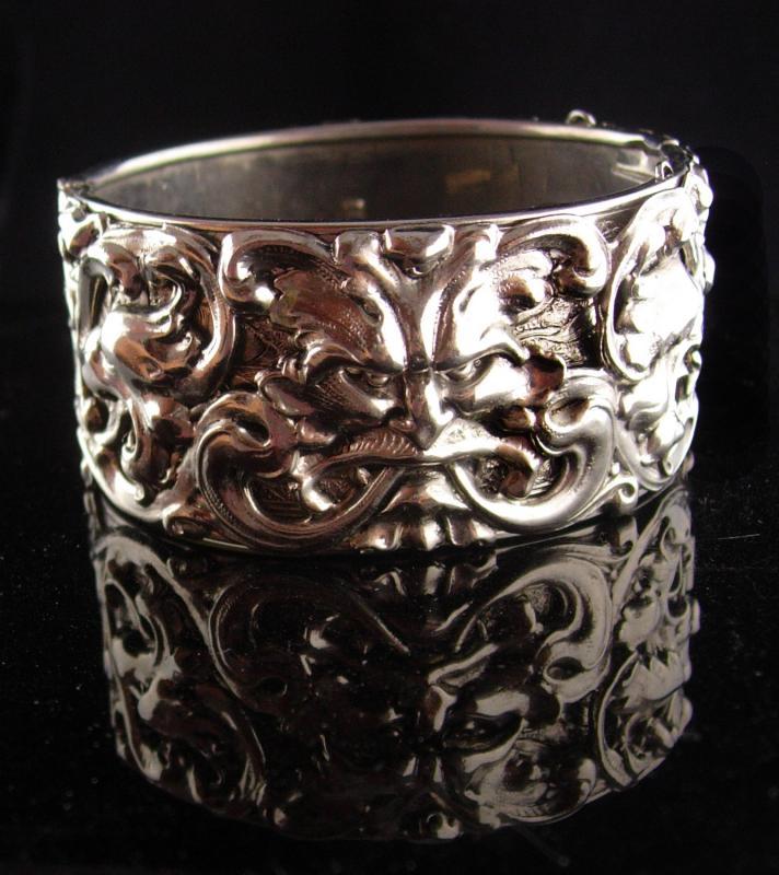 Medieval Bracelet - Bacchus Relief - Vintage WIDE silver bangle - mythical gargoyles - wide hinged bracelet