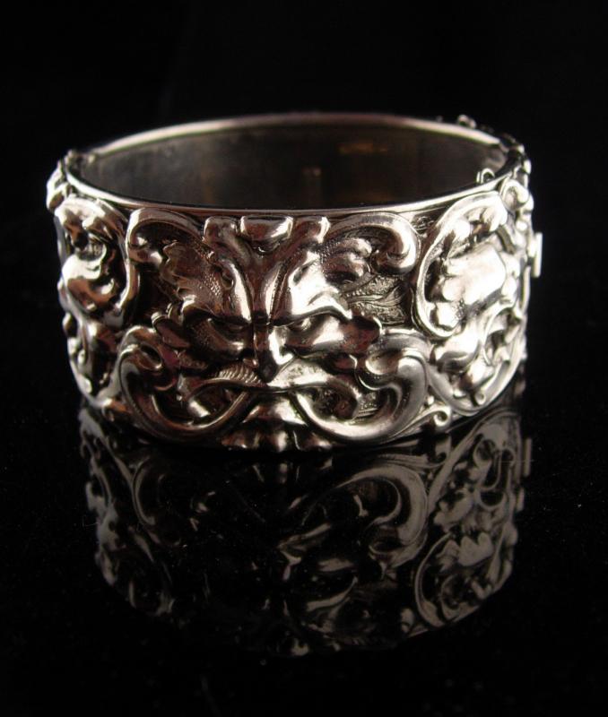 Medieval Bracelet - Bacchus Relief - Vintage WIDE silver bangle - mythical gargoyles - wide hinged bracelet