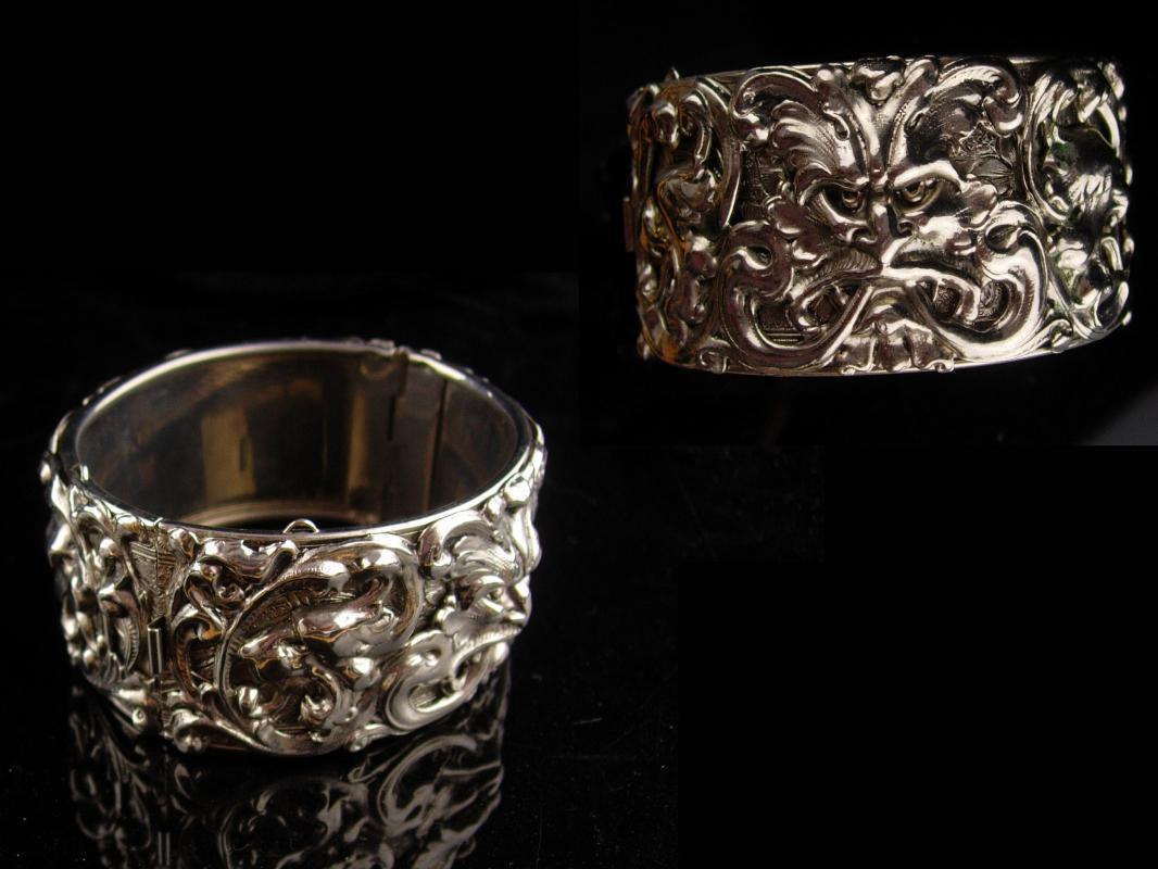 Medieval Bracelet - Bacchus Relief - Vintage WIDE silver bangle - mythical gargoyles - wide hinged bracelet
