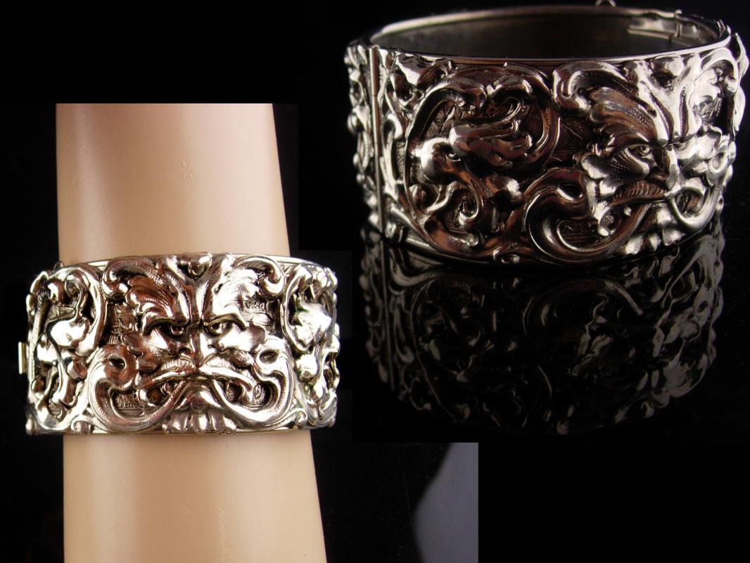 Medieval Bracelet - Bacchus Relief - Vintage WIDE silver bangle - mythical gargoyles - wide hinged bracelet