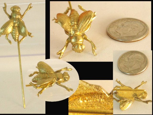 Vintage Bizarre Gorham gold silver FLY figural STICKPIN