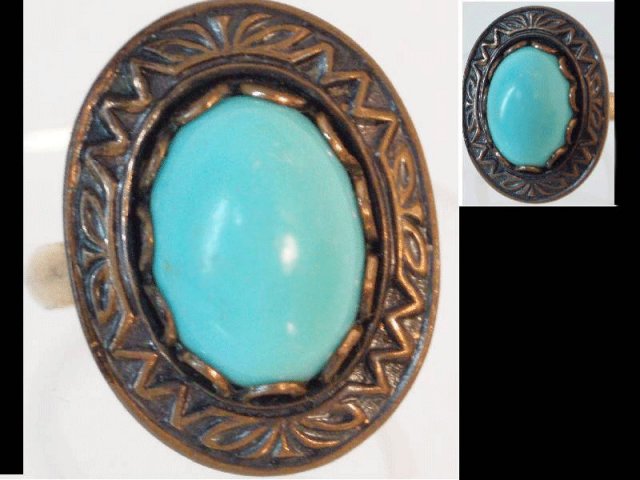 Vintage relief turquoise cabachon Deco ring
