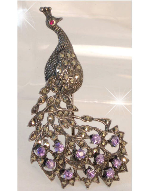Sparkling Sterling DECO Peacock Brooch