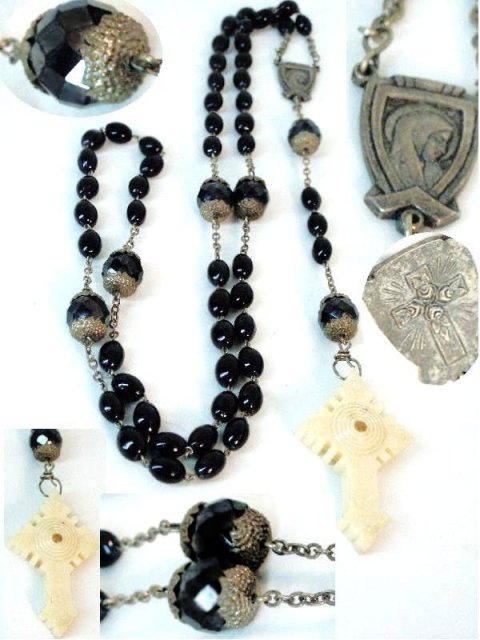 fancy Antique Jet Stanhope Rosary Guadalupe