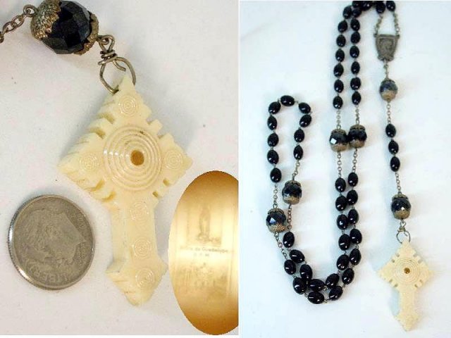 fancy Antique Jet Stanhope Rosary Guadalupe
