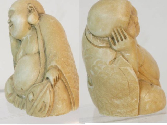 Vintage carved IVORY BUDDHA with fan NEtsuke