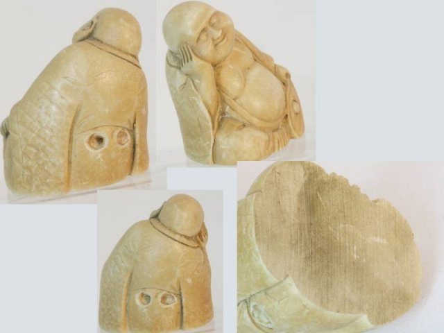 Vintage carved IVORY BUDDHA with fan NEtsuke