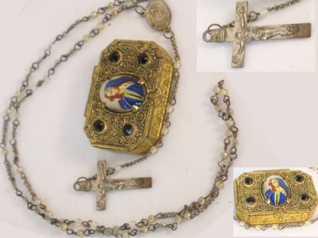 ANtique Czech POrtrait gilt box and rosary