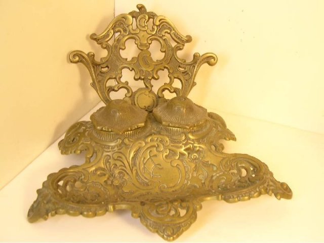 Antique double victorian brass SIGNED inkwell