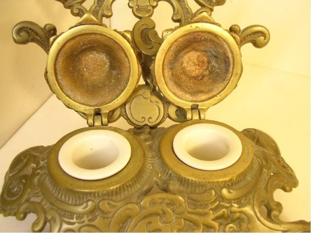 Antique double victorian brass SIGNED inkwell