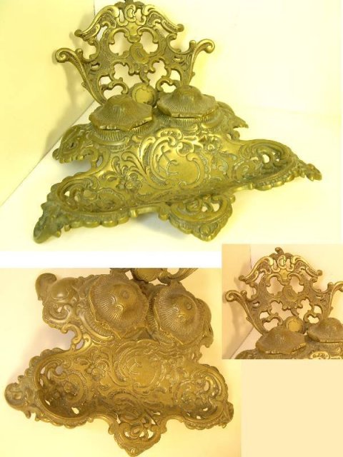 Antique double victorian brass SIGNED inkwell
