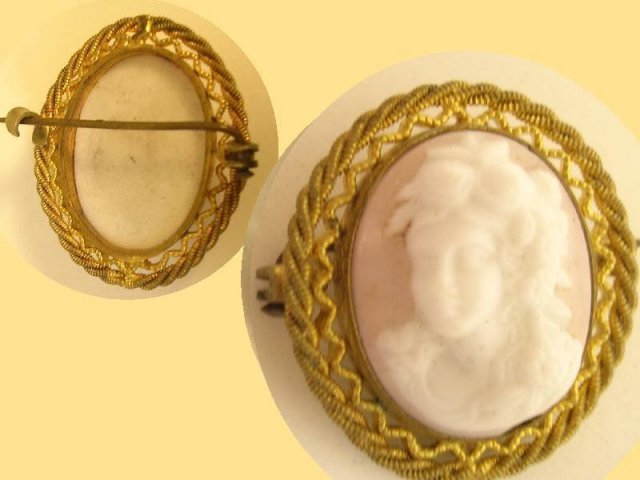 VIntage Pink Czech Cameo Set in gilt brooch