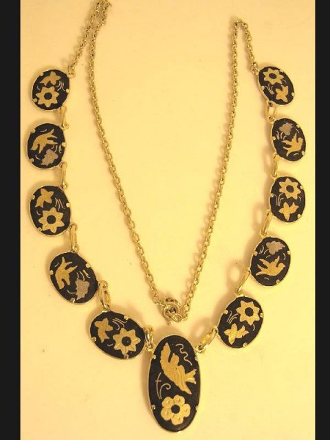 Vintage Exotic Japanese bird festoon necklace Victorian Mourning bird choker Black gold damascene jewelry